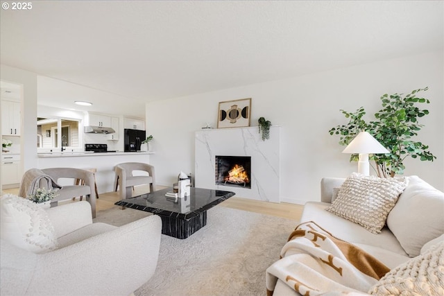 living room with a high end fireplace, sink, and light wood-type flooring