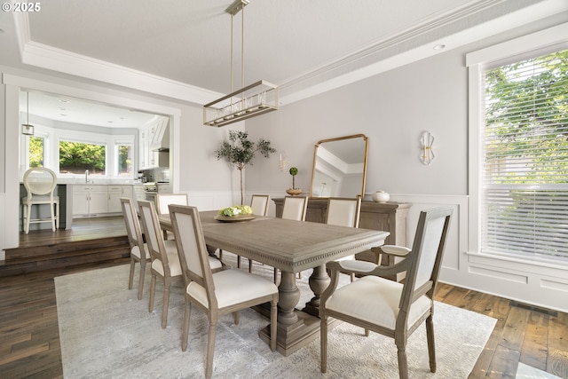 1314 NW Abernethy Rd, Portland, OR 97229 - dining space featuring a decorative wall, a wainscoted wall, ornamental molding, dark wood-style flooring, and a tray ceiling