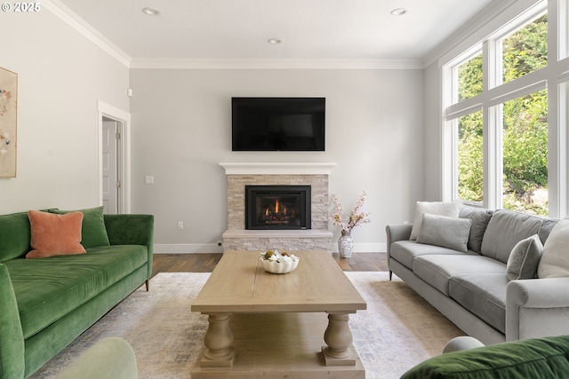 1314 NW Abernethy Rd, Portland, OR 97229 - living room with a stone fireplace, wood finished floors, ornamental molding, and recessed lighting