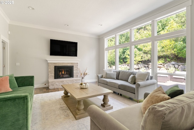 1314 NW Abernethy Rd, Portland, OR 97229 - living room with ornamental molding, a fireplace, wood finished floors, and recessed lighting