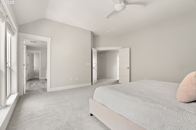1314 NW Abernethy Rd, Portland, OR 97229 - bedroom featuring light colored carpet, lofted ceiling, ceiling fan, and ensuite bath