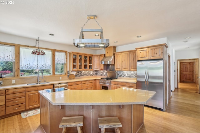 kitchen with appliances with stainless steel finishes, a sink, light wood-style flooring, wall chimney exhaust hood, and tasteful backsplash