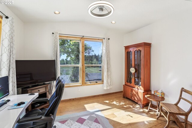 52135 E Terra Fern Dr, Sandy, OR 97055 - home office with vaulted ceiling, light wood-style flooring, and recessed lighting