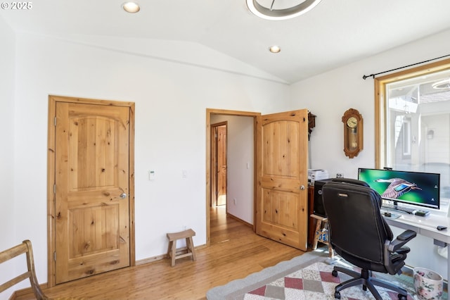 52135 E Terra Fern Dr, Sandy, OR 97055 - home office with vaulted ceiling, light wood-type flooring, and recessed lighting