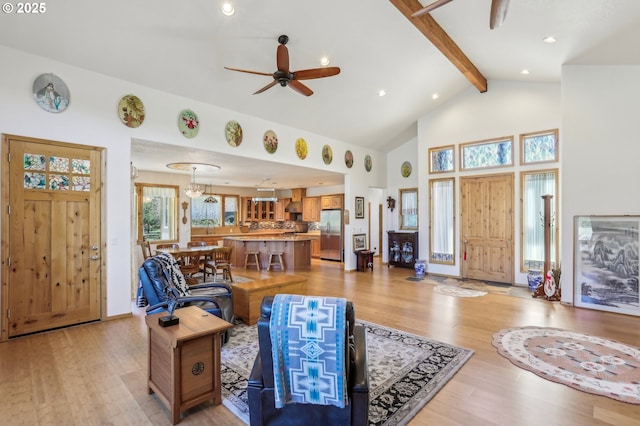 52135 E Terra Fern Dr, Sandy, OR 97055 - living area with light wood-style flooring, a ceiling fan, beamed ceiling, high vaulted ceiling, and recessed lighting
