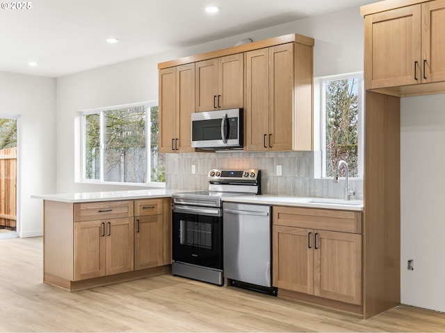 kitchen with a healthy amount of sunlight, appliances with stainless steel finishes, light countertops, and a sink