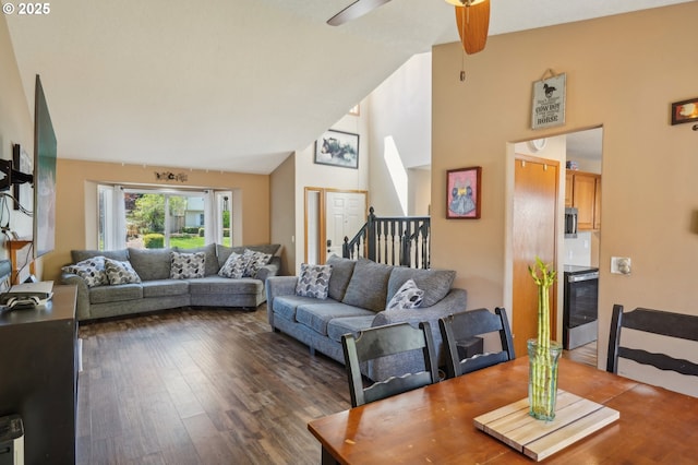 4055 NE 13th Ter, Gresham, OR 97030 - living area featuring wood finished floors, ceiling fan, and high vaulted ceiling