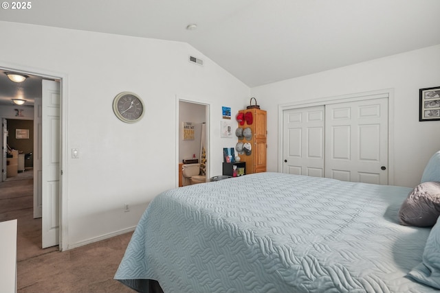 12631 SE Division St, Portland, OR 97236 - carpeted bedroom featuring a closet, baseboards, connected bathroom, visible vents, and lofted ceiling