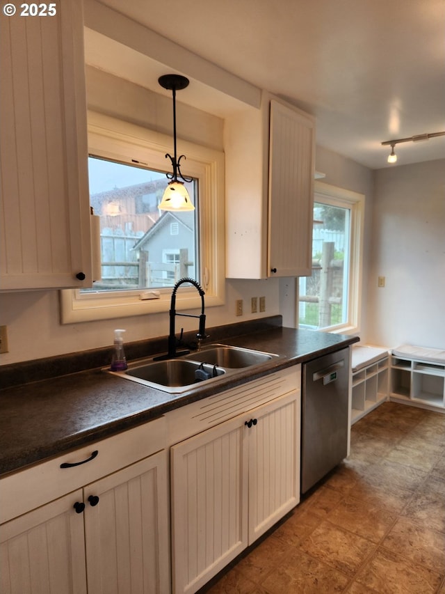 kitchen with stainless steel dishwasher, plenty of natural light, sink, and hanging light fixtures