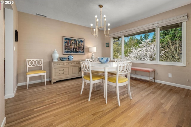 2631 SW Sherwood Dr, Portland, OR 97201 - dining room featuring light wood-style floors, an inviting chandelier, baseboards, and visible vents