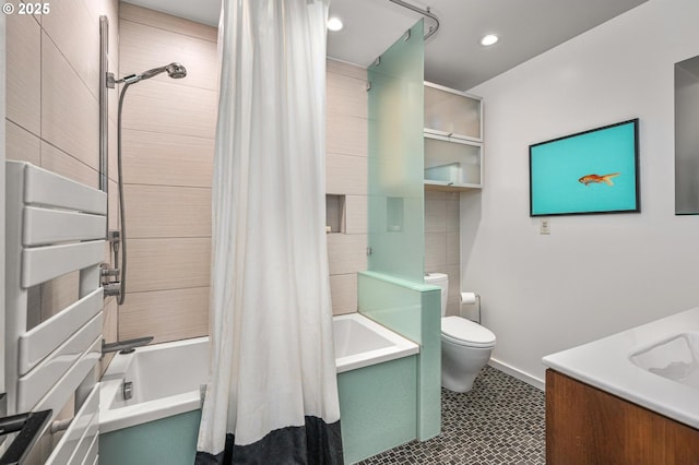 2631 SW Sherwood Dr, Portland, OR 97201 - full bathroom with shower / bath combo, toilet, recessed lighting, and vanity