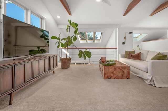 2631 SW Sherwood Dr, Portland, OR 97201 - carpeted living area with lofted ceiling with skylight and recessed lighting