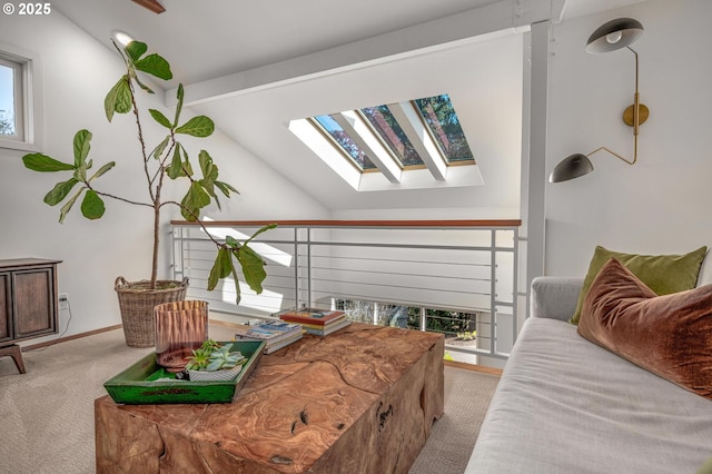 2631 SW Sherwood Dr, Portland, OR 97201 - carpeted bedroom featuring baseboards and lofted ceiling with skylight