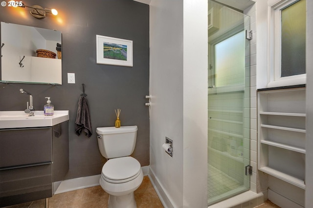 2631 SW Sherwood Dr, Portland, OR 97201 - full bath featuring vanity, baseboards, tile patterned flooring, toilet, and a shower stall