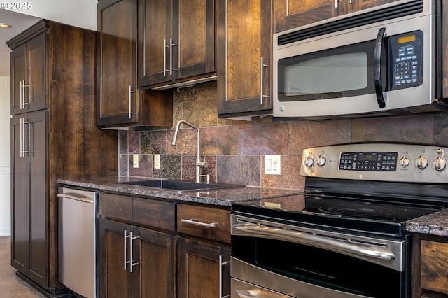 1500 SW 5th Ave Unit 703, Portland, OR 97201 - kitchen with appliances with stainless steel finishes, a sink, dark brown cabinets, tasteful backsplash, and dark stone counters