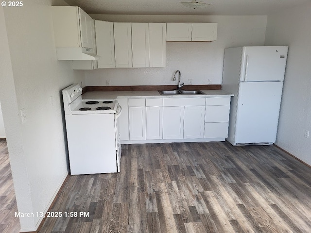 kitchen with a sink, under cabinet range hood, white appliances, white cabinets, and dark wood-style flooring