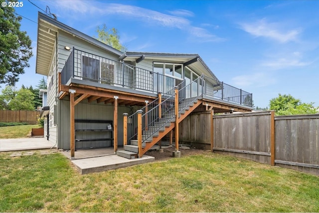 620 Sky Ln, Forest Grove, OR 97116 - back of property with stairway, a patio, and a wooden deck
