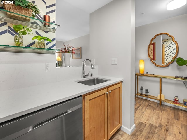 kitchen featuring sink, stainless steel dishwasher, and light wood-type flooring