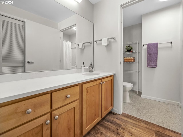 bathroom featuring vanity, wood-type flooring, and toilet