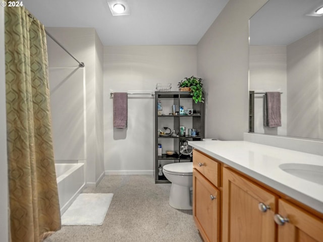 full bathroom with vanity, shower / bath combination with curtain, and toilet