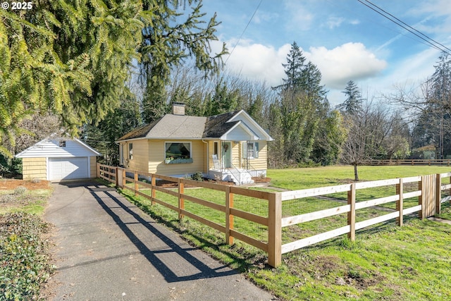 ranch-style home with a garage, driveway, a chimney, and a fenced front yard