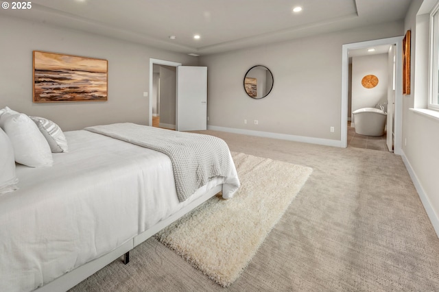 bedroom with recessed lighting, carpet, and baseboards