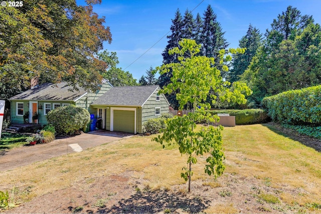 3374 Pioneer Dr, Salem, OR 97302 - view of front of property with an attached garage, concrete driveway, a front lawn, a shingled roof, and a chimney