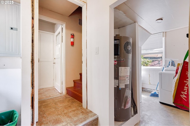 3374 Pioneer Dr, Salem, OR 97302 - hallway with water heater, washer / dryer, electric panel, and stairway