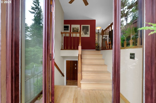 4574 Manzanita St, Eugene, OR 97405 - foyer featuring a ceiling fan, wood finished floors, and stairs