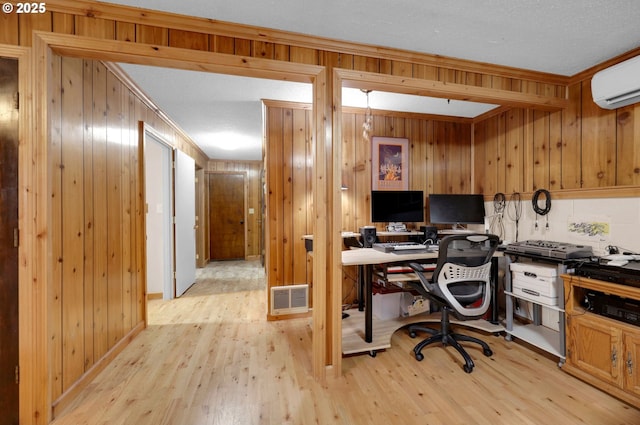 4574 Manzanita St, Eugene, OR 97405 - office area featuring wood walls, light wood-style floors, a wall unit AC, and crown molding