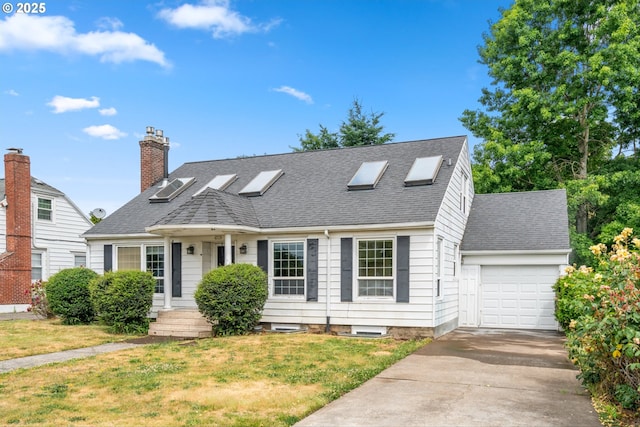 4715 N Willamette Blvd, Portland, OR 97203 - view of front facade featuring a shingled roof, a garage, concrete driveway, a front yard, and a chimney