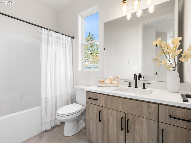 full bathroom featuring tile patterned flooring, vanity, shower / bathtub combination with curtain, and toilet