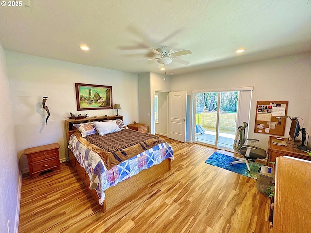 bedroom featuring access to outside, wood finished floors, recessed lighting, ceiling fan, and baseboards