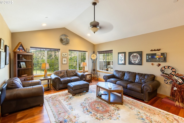 6065 Cherry Heights Rd, The Dalles, OR 97058 - living room featuring wood finished floors, plenty of natural light, a ceiling fan, vaulted ceiling, and baseboards