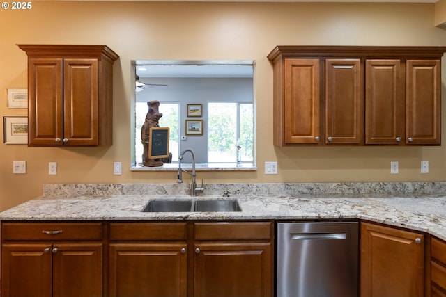 6065 Cherry Heights Rd, The Dalles, OR 97058 - kitchen with a sink, dishwasher, a ceiling fan, and light stone countertops