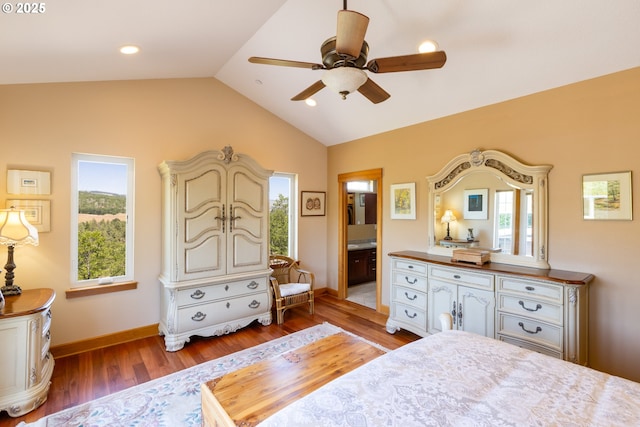 6065 Cherry Heights Rd, The Dalles, OR 97058 - bedroom with vaulted ceiling, light wood-style flooring, baseboards, ensuite bath, and ceiling fan