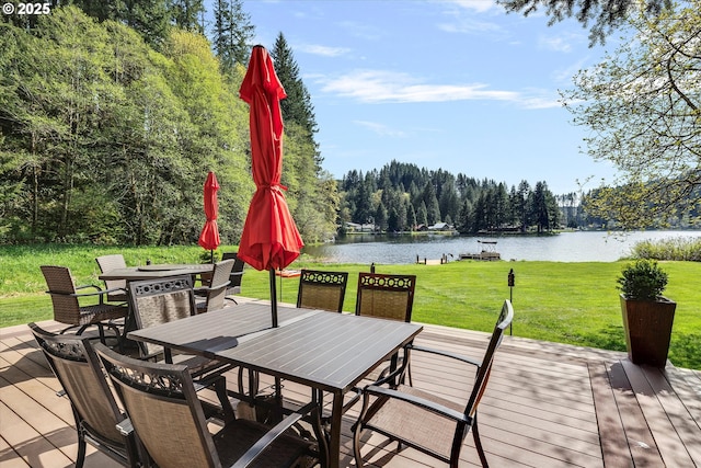 71848 Northshore Dr, Birkenfeld, OR 97016 - wooden terrace with outdoor dining space, a water view, a yard, and a forest view