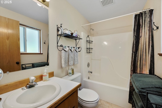 71848 Northshore Dr, Birkenfeld, OR 97016 - bathroom featuring shower / bath combination with curtain, visible vents, vanity, tile patterned floors, and toilet