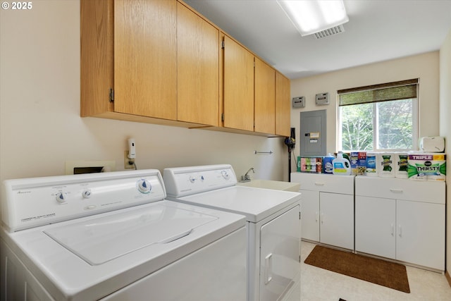 71848 Northshore Dr, Birkenfeld, OR 97016 - laundry room featuring visible vents, electric panel, washing machine and clothes dryer, a sink, and cabinet space