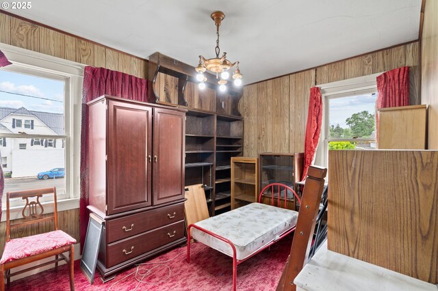 721 Columbia Blvd, Saint Helens, OR 97051 - bedroom with wood walls, multiple windows, and a chandelier