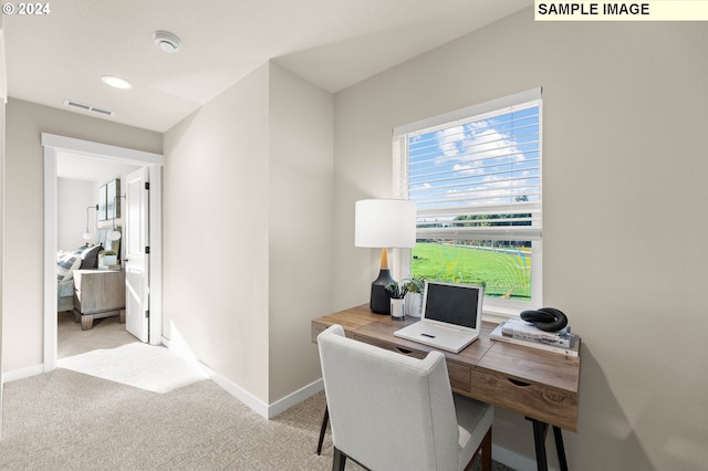 home office featuring light colored carpet