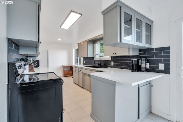 20700 SW Cherry Hill Rd, Sheridan, OR 97378 - kitchen with electric stove, a peninsula, gray cabinetry, and backsplash