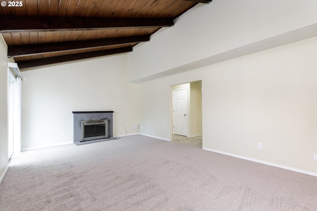 unfurnished living room featuring wooden ceiling, a brick fireplace, carpet flooring, and baseboards