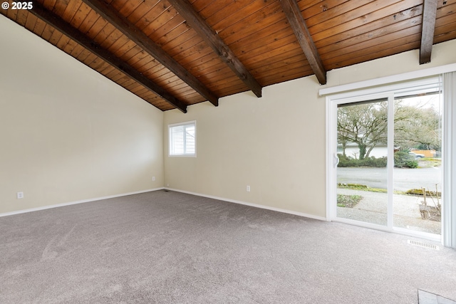 carpeted spare room featuring visible vents, baseboards, wooden ceiling, and vaulted ceiling with beams