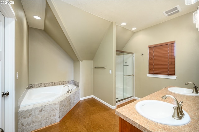 full bath featuring a bath, a stall shower, a sink, and visible vents