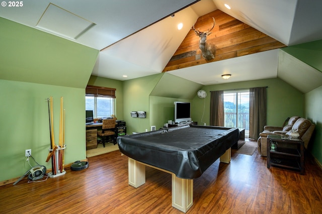 playroom featuring lofted ceiling, plenty of natural light, wood finished floors, and pool table