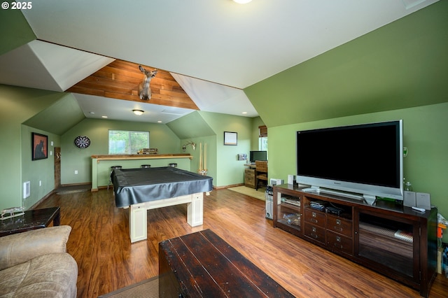 game room with lofted ceiling, baseboards, wood finished floors, and pool table