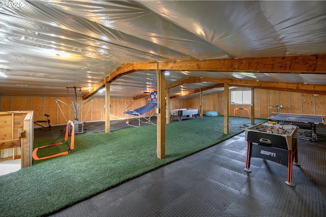 below grade area featuring carpet floors and wood walls