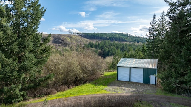 exterior space with a wooded view