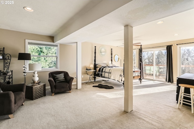 carpeted bedroom featuring multiple windows